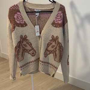 Haute Hippie Beige Cardigan with Brown Horse Motif and Pink Rose Accents